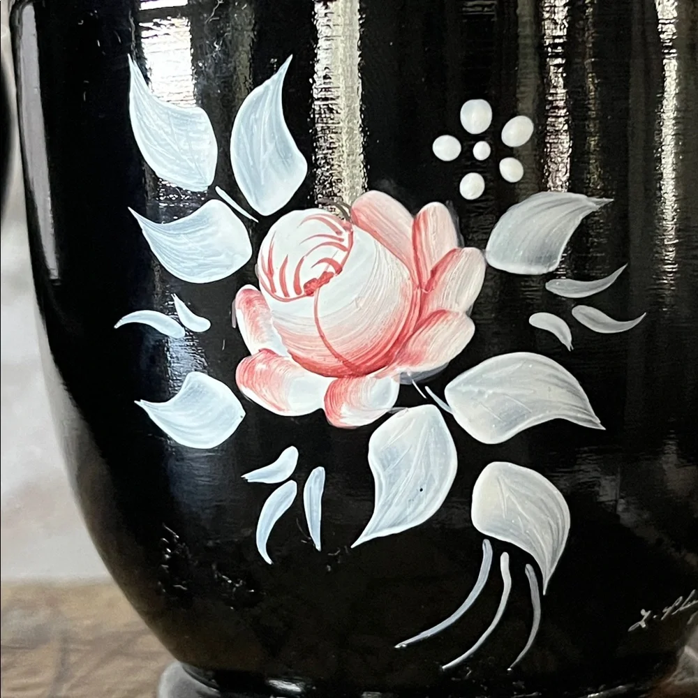 Vintage Pilgrim Glass Black Amethyst Hand-Painted Vase & Covered Jar Set 3 Pc